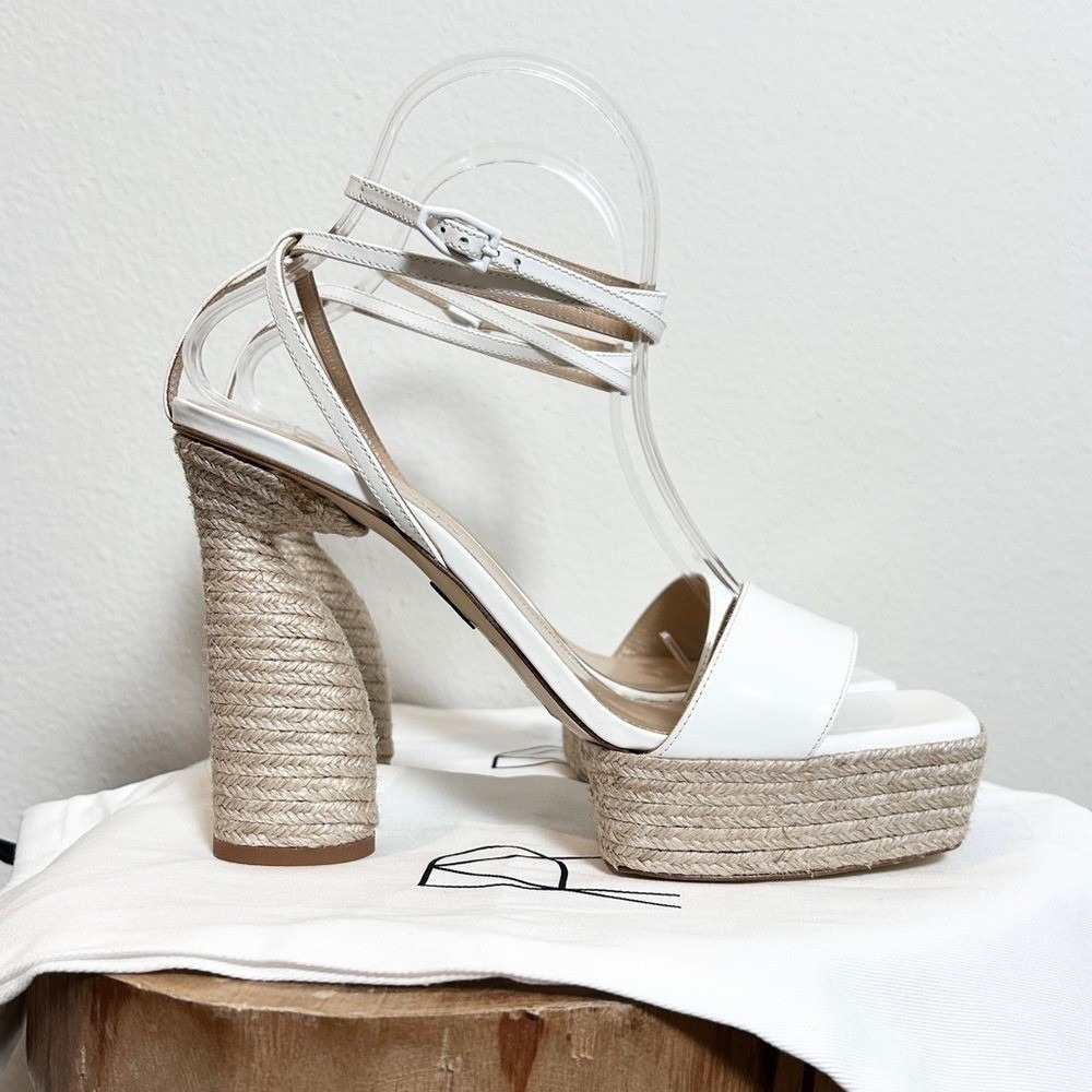 Paul Andrew White Patent Leather Raffia Platform Sandals Block Heel Size 10 NWT
